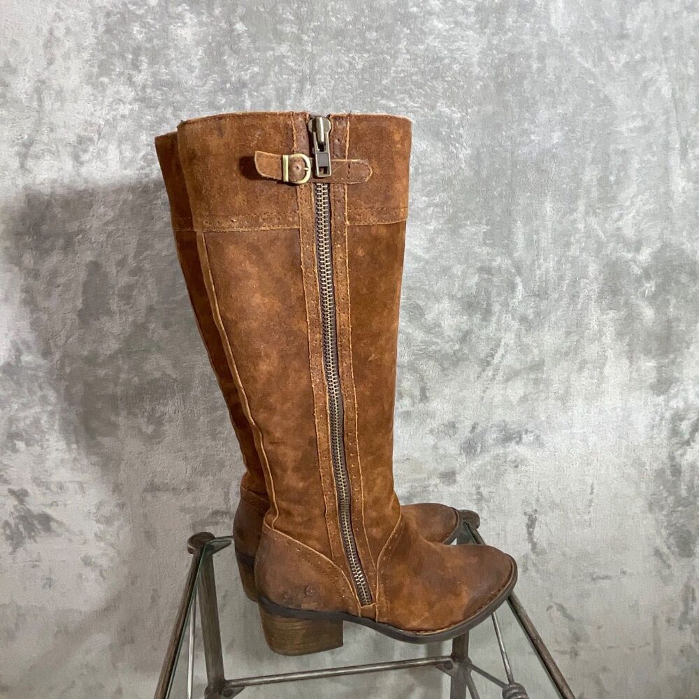 Born Poly Suede Leather Tall  Boots Zip Women’s Sz 7 Brown F08626 plaid lining
